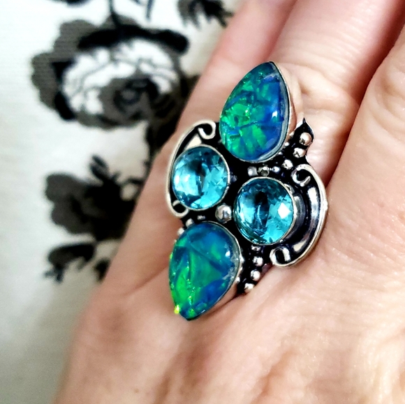 New Dichroic Glass and Blue Topaz 925 Silver Ring. - Picture 5 of 8
